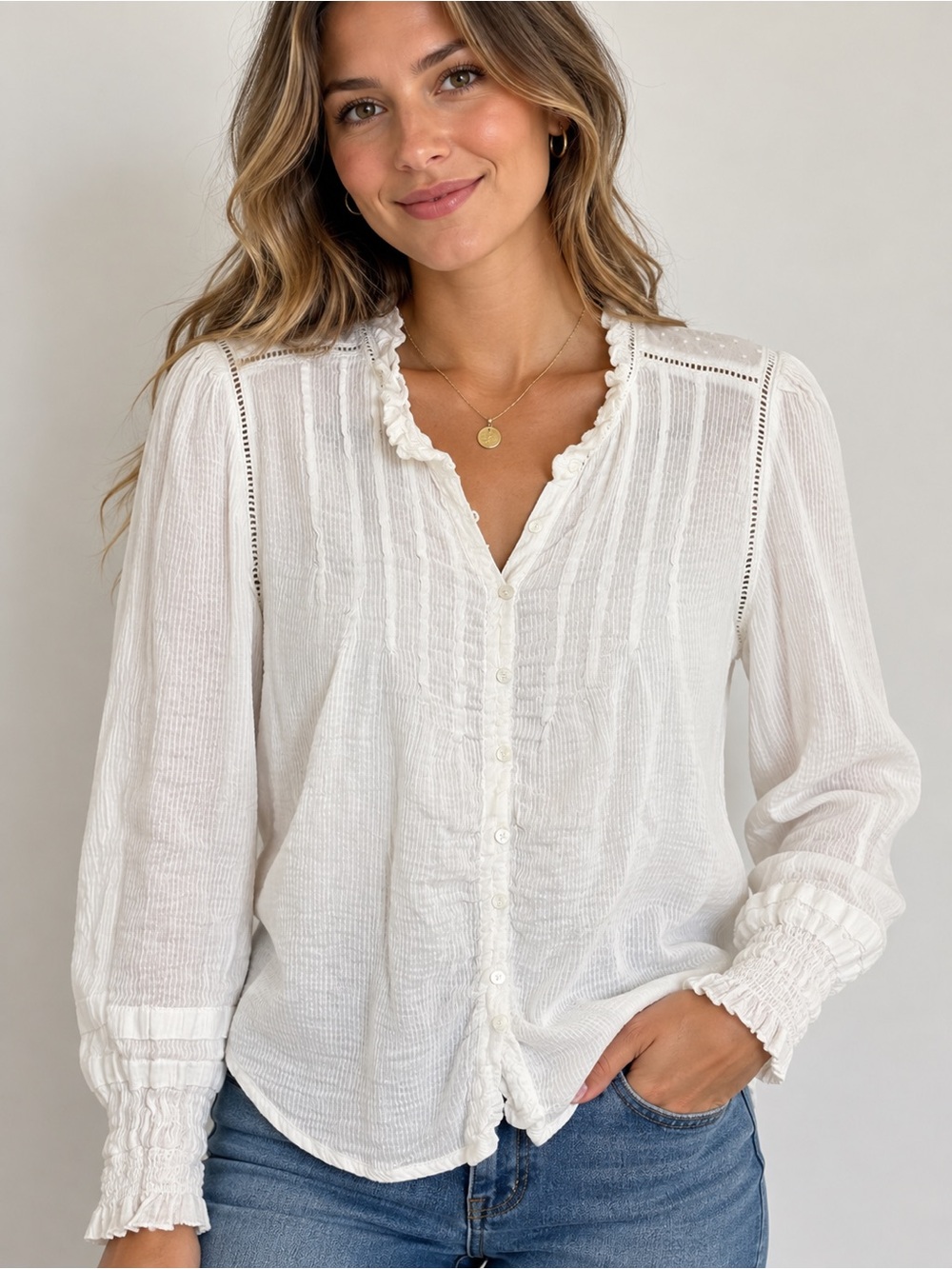 Quince Organic Textured Cotton Peasant Blouse White Size M Ruffle Button Front